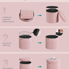 SONGMICS Mazie Collection - Round Storage Ottoman, Folding Footrest Stool with Removable Lid, Easy Assembly, Teddy Fleece Vanity Stool for Bedroom, Living Room, Entryway, Jelly Pink ULSF606R01
