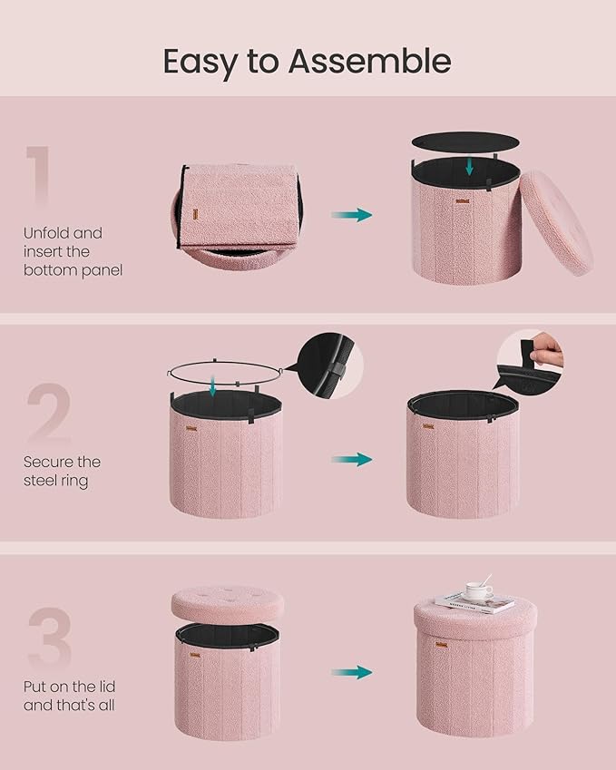 SONGMICS Mazie Collection - Round Storage Ottoman, Folding Footrest Stool with Removable Lid, Easy Assembly, Teddy Fleece Vanity Stool for Bedroom, Living Room, Entryway, Jelly Pink ULSF606R01
