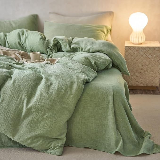 Green Duvet Cover Queen Size-Ultra-Soft, Breathable & Lightweight Muslin Cotton Linen Like Gauze Textured Comforter Cover with Zipper Closure Minimalist Duvet Cover Set- 90"x90",Mint Green