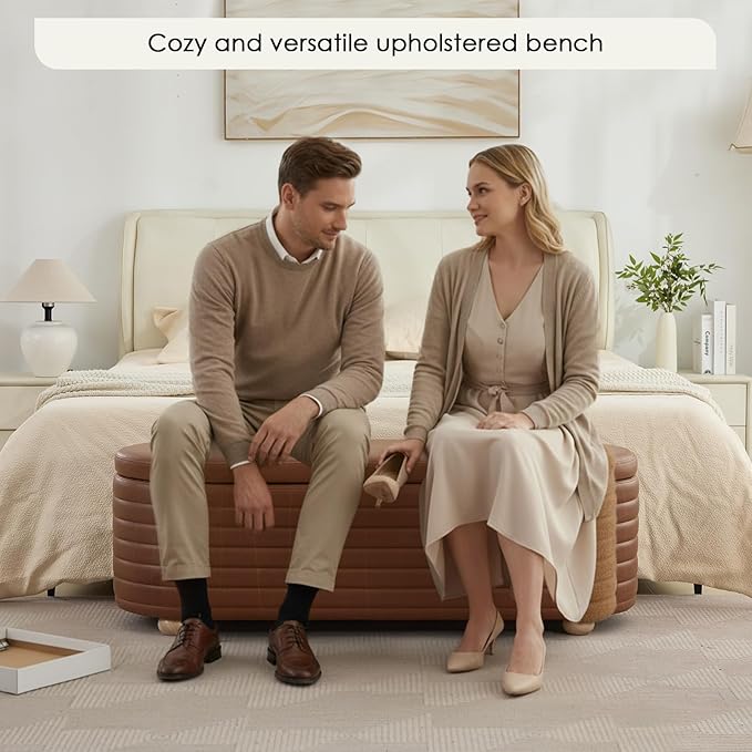 53" Storage Bench PU Leather Ottoman Bench Upholstered Bench End of Bed Stool with Safety Hinge for Bedroom, Living Room, Entryway, Brown