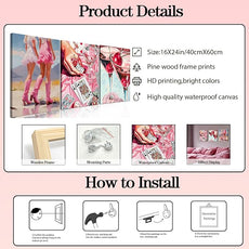 Framed Pink Preppy Wall Art Set of 3, Cowgirl Boots Cherry Cocktail Pictures Wall Decor, Trendy Poker Paintings Canvas Prints Girly Aesthetic Home Decor for Living Room Bedroom Dorm Bar 16x24 inch