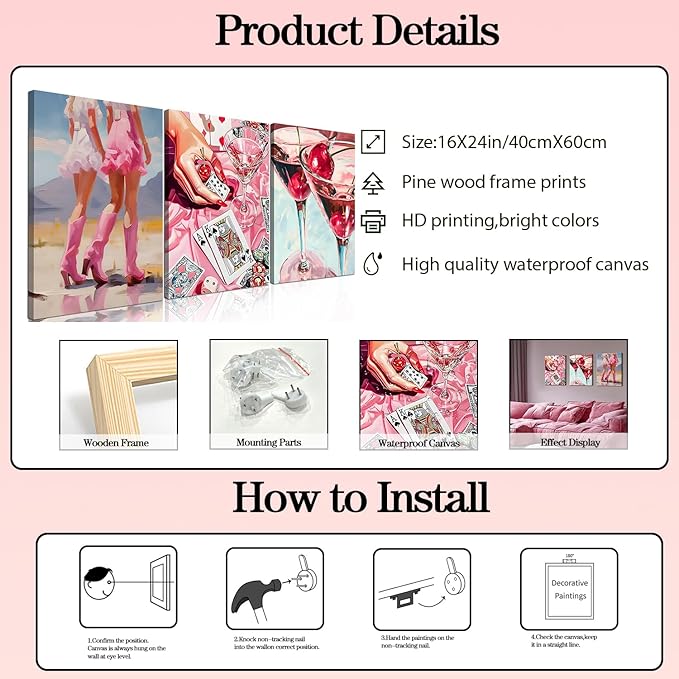 Framed Pink Preppy Wall Art Set of 3, Cowgirl Boots Cherry Cocktail Pictures Wall Decor, Trendy Poker Paintings Canvas Prints Girly Aesthetic Home Decor for Living Room Bedroom Dorm Bar 16x24 inch