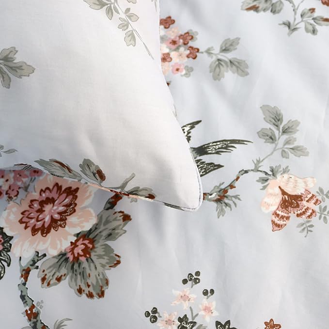 FADFAY Duvet Cover Set Elegant Floral Bedding Shabby Grey Bird Flower Quilt Cover Set Vintage Farmhouse Bedding 100% Cotton Comforter Cover Set with Zipper Closure 3Pcs, King/California King Size