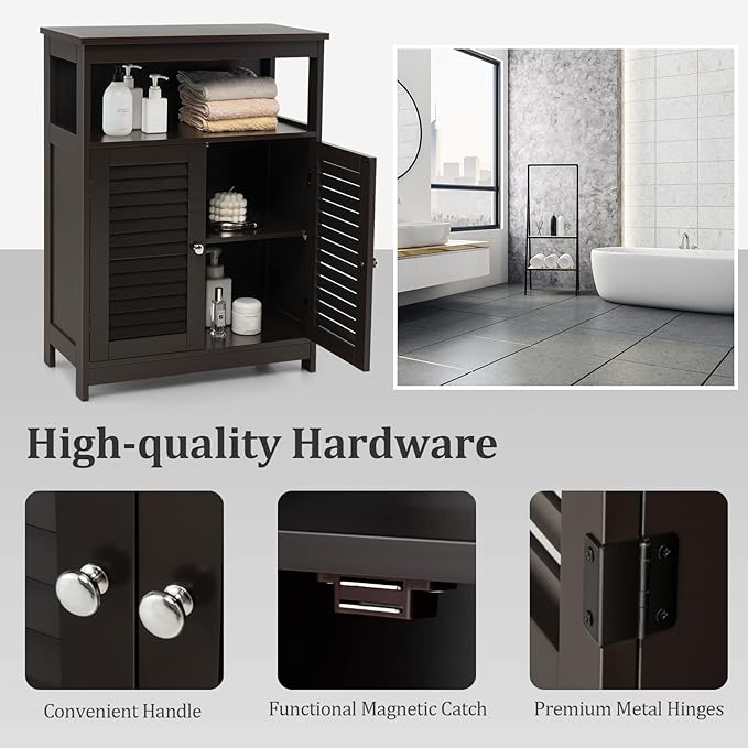 Tangkula Bathroom Floor Cabinet, Wooden Freestanding Storage Cabinet with Double Shutter Door & Adjustable Shelf, Storage Cabinet for Bathroom Living Room (Brown)