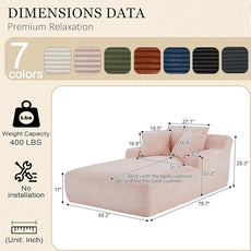 Chaise Lounge Chair Indoor, 50 Inch Oversized Corduroy Upholstered Boneless Sofa Bed, Deep Seat Sleeper Couch Reading Chairs, Cloud Sofas Couches for Living Room (Pink, 50