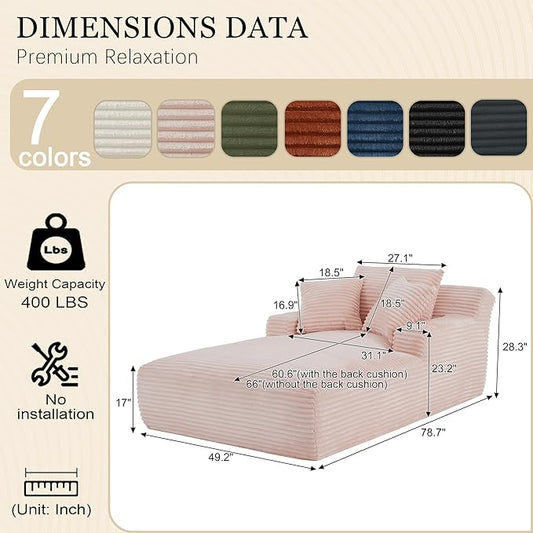 Chaise Lounge Chair Indoor, 50 Inch Oversized Corduroy Upholstered Boneless Sofa Bed, Deep Seat Sleeper Couch Reading Chairs, Cloud Sofas Couches for Living Room (Pink, 50" W x 80" D)