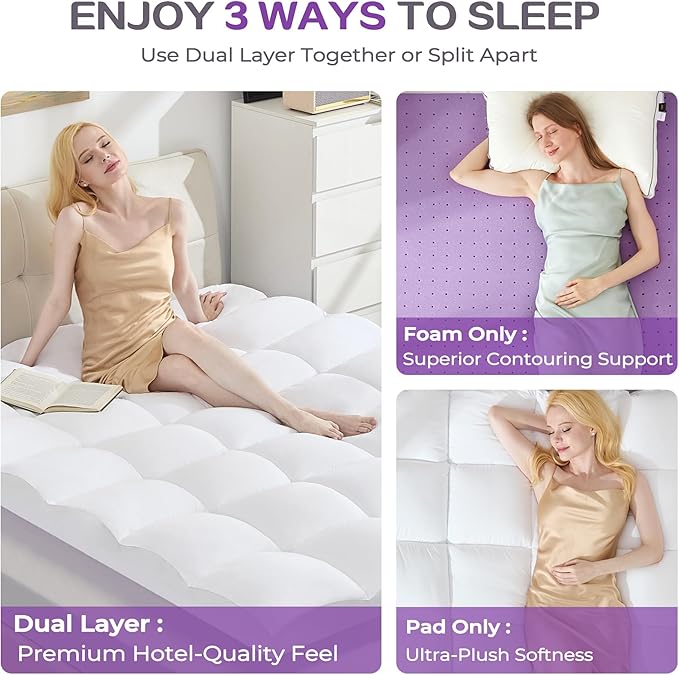 SINWEEK Dual Layer 5 Inch Memory Foam Mattress Topper Queen Size, 3 Inch Gel Memory Foam Plus 2 Inch 1450 GSM Down Alternative Quilted Pillow Top Mattress Pad Cover, White