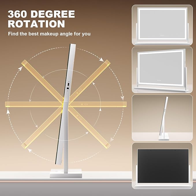 Hasipu Vanity Mirror with Lights, 36" x 24" LED Makeup Mirror, Light up Mirror with 10X Magnification and Phone Holder, USB Charging Port, Smart Touch 3 Colors Dimmable (White)