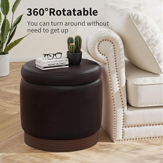 Round Storage Ottoman,Swivel Vanity Stool-Smooth Faux Leather Foot Rest,Footstool Pouf with Sturdy Acacia Wood Frame(500lbs),Small Coffee Table & Hidden Storage Ottoman for Living Room