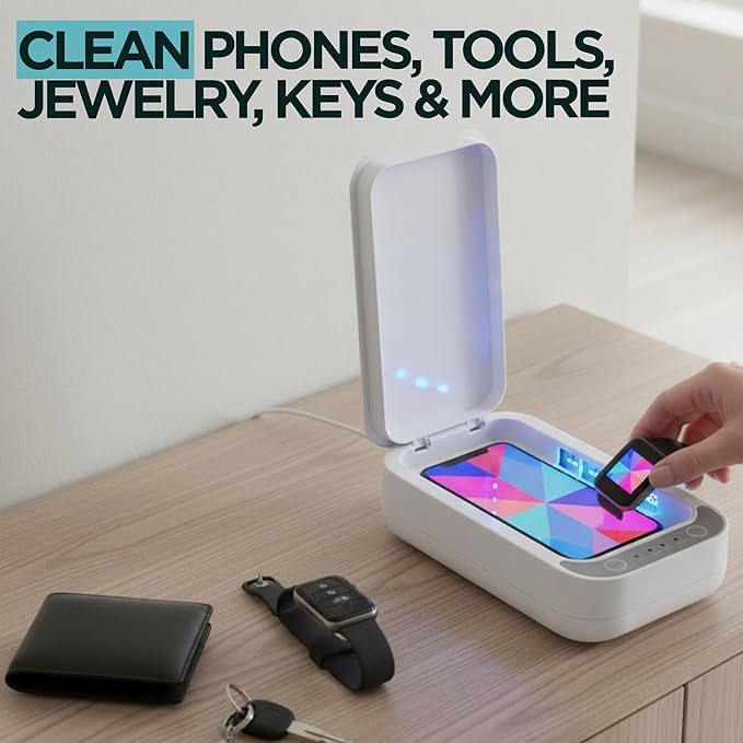 Portable Phone Cleaning Box with Built-in LED Light – Multi-Purpose Organizer for Phones, Jewelry, Watches & Small Accessories – Compact Case with Aroma Function, USB Power Port, and Modern Design
