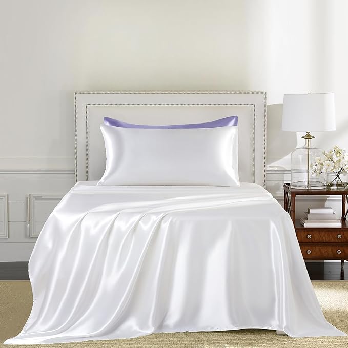 Satin Sheets Twin Size - 3 Pieces Luxury Silky Soft Bed Sheets for Kids, Wrinkle-Free White Satin Silk Sheet Set with 1 Deep Pocket Fitted Sheet, 1 Flat Sheet, 1 Pillow case