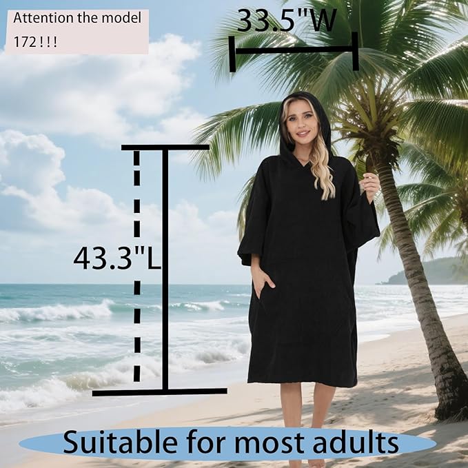 Surf Poncho Hooded Beach Towel, Quick Dry Terry Cloth, Extra Large Changing Robe with Pockets for Adults, Unisex Black Cover-Up for Swim, Bath, Beach, Gift for Swimmer Lovers