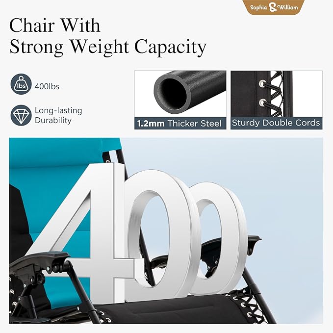 Sophia & William Oversized Zero Gravity Chair Set of 2 Padded, Folding Lounge Chair with Wide Armrest and Cup Holder, Support 400 LBS, Aqua Blue