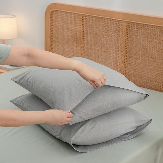 BESTOUCH 100% Washed Cotton Pillowcase for Hair and Skin Linen Feel Soft Comfortable Breathable 2 Set Pillow Case with Envelope Closure Solid Light Grey Queen 20x30 Inches