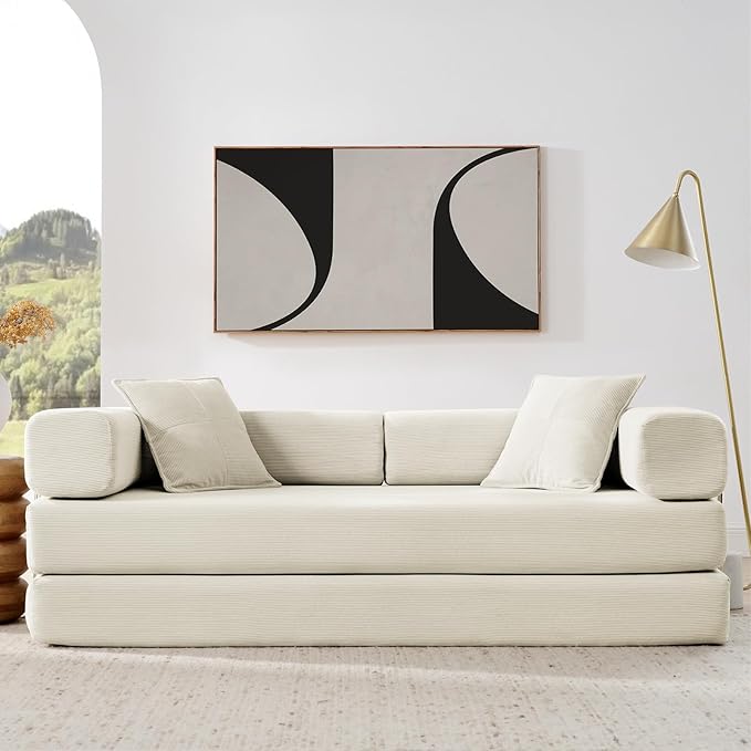 Antetek Convertible Futon Sofa Bed, 3-Seater Modern Corduroy Foam Floor King Size Bed Fold Out Sleeper Lounge Loveseat Sofa Couch with 2 Throw Pillows for Living Room Bedroom Guest Room, Beige