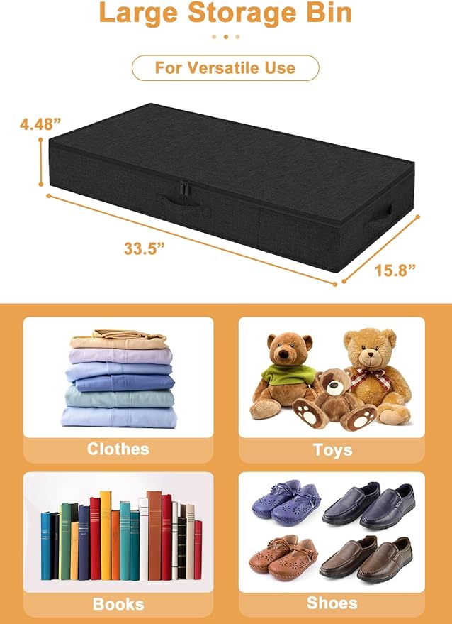 punemi Under Bed Storage Containers, 4.5 Inches Tall Low Profile Underbed Clothes Storage Organizer Bin with Sturdy Side & Bottom, Use as Shallow Dorm Storage Under Bed, Flat Clothes Organizer, Black
