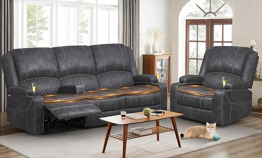 3 Seater Recliner Sofa Set with 2-Tier Cushion, 3+1 Pieces in Living Room, 3 Seater Reclining Couch Velvet Fabric with Removable Console, 1 Oversize Recliner Chair Sofa Seat - Grey