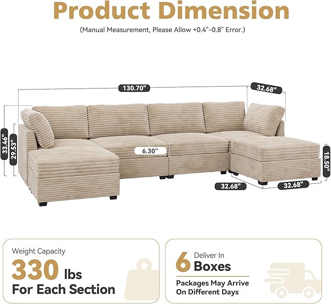 Large 6 Seat Modular Sectional Sofa with Ottoman Seat Corduroy Sleeper Sectional Sofa Bed Oversized Convertible Modular Couch for Living Room