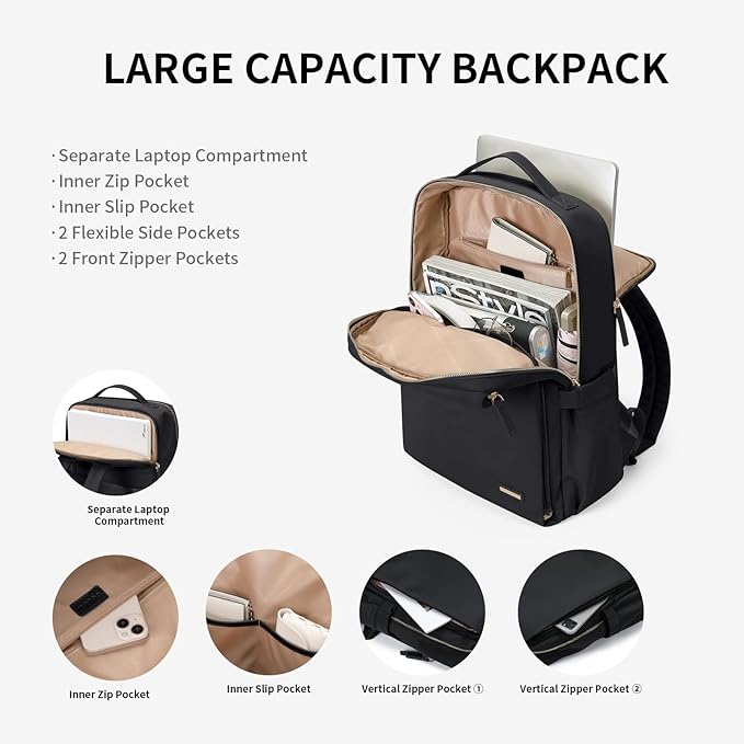 Stylish Laptop Backpack for Women Airline Approved Perfect for Work College and Travel Multi-Functional Casual Daypack Fits 14 Inch Notebook (Black)