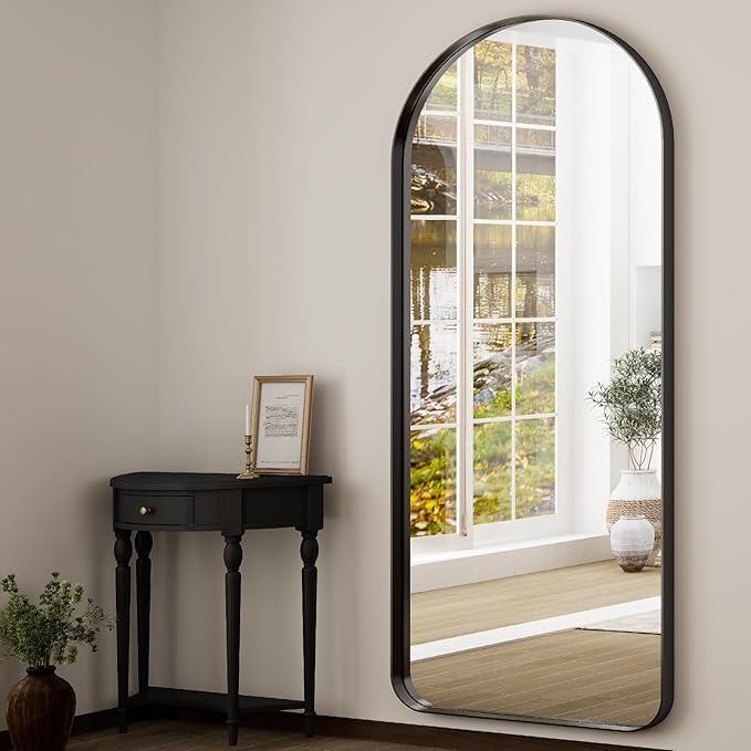71''x30'' Full Length Mirror with Stand, Large Arched Floor Mirror for Bedroom, Living Room or Closet, Wall-Mounted or Freestanding, Black Aluminum Alloy Frame