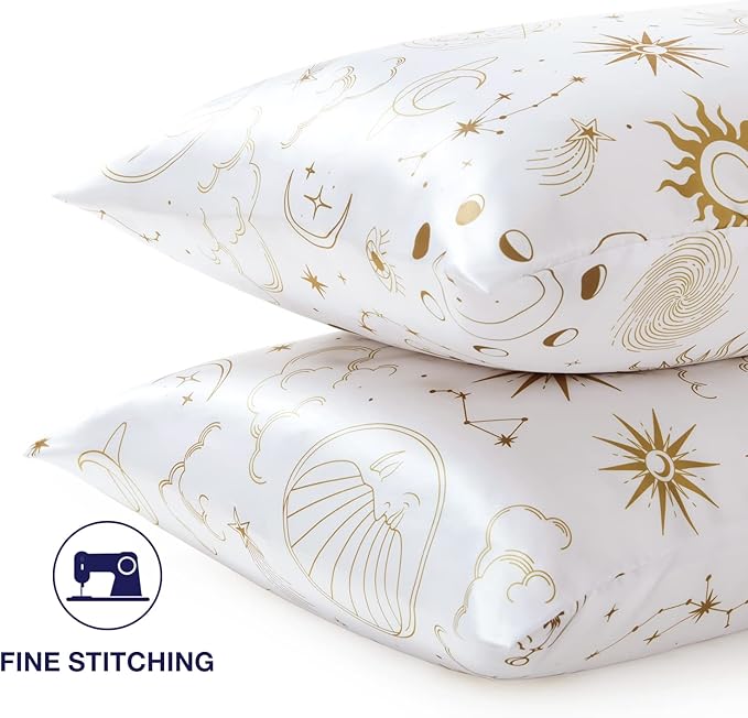 EXQ Home Silky Satin Pillowcase for Hair and Skin,Printed Pillow Cases Standard Size Set of 2 Pink Satin Pillow Case 2 Pack with Envelope Closure（ White Moon，20"x26"）