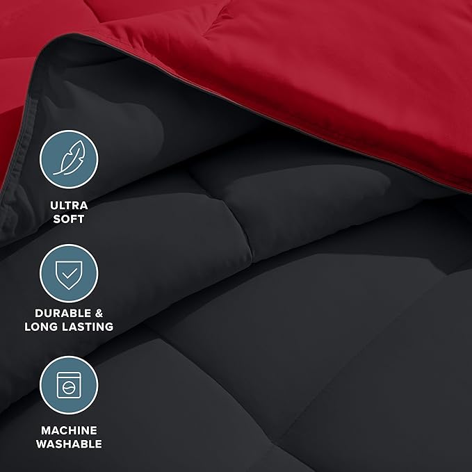 Bare Home Queen Comforter - Reversible Colors - Goose Down Alternative - Ultra-Soft - Premium 1800 Series - All Season Warmth - Bedding Comforter (Queen, Black/Red)