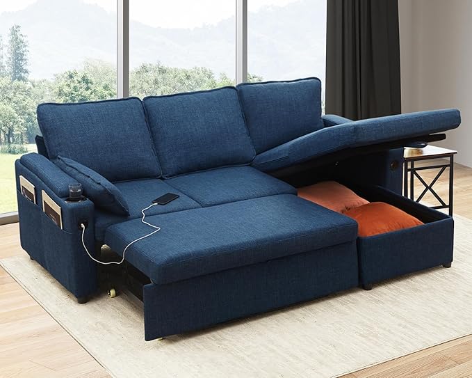 DURASPACE Sofa Bed Sleeper Pull Out 2 in 1 Sectional Sleeper Sofa Couches with Storage,USB, Cup Holder,Pullout Sectional Couches for Apartment Living Room (Blue)