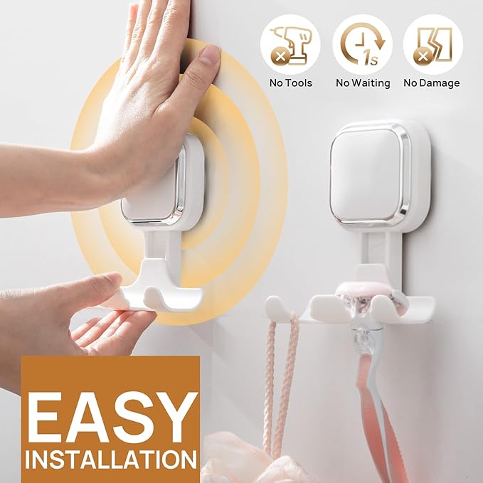 LEVERLOC Vacuum Suction Cup Razor Holder for Shower 2 Pack, Heavy Duty Shower Hooks for Towel, Loofah, Razor, Cell Phone, Damage-Free Hanging Plated Suction Cup Hooks, Easy to Install and Reuse, White