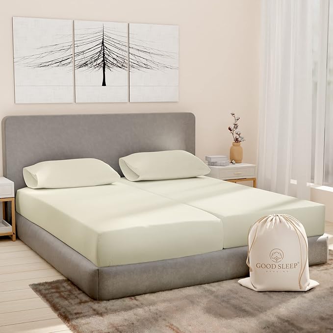 Good Sleep Bedding Split King Sheets Sets for Adjustable Bed Cotton, Luxury Sheets, Egyptian Cotton, 5 Piece Cotton Split King Sheet Set, Sateen Sheets, 2 Fitted - 16" Deep Pocket, Ivory GoodSleepBedding