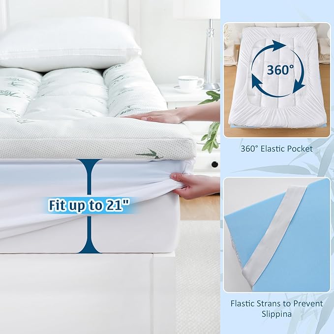 DOWNCOOL Dual Layer 4 Inch Memory Foam Mattress Topper Twin - 2 Inch Gel Memory Foam & 2 Inch Cooling Pillow Top Mattress Pad for Back Pain Relief, Soft Bamboo Viscose Air Layer Cover