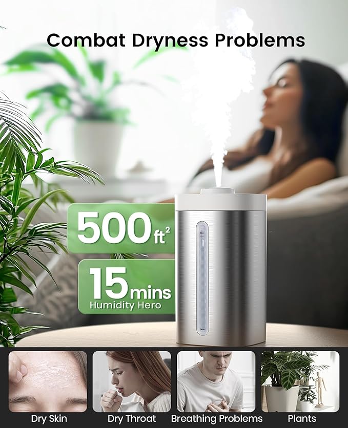 Jack & Rose Stainless Steel Humidifier, Easy to Clean, Dishwasher Safe, Cool Mist Humidifiers for Bedroom