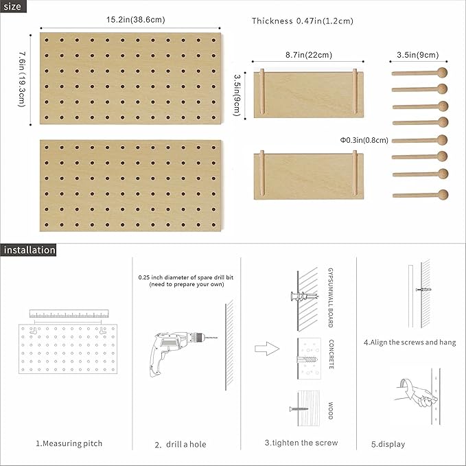 Wooden Pegboard Modular Display Organization Storage Wall Hooks Shelf (Birch Colored Finish-B)