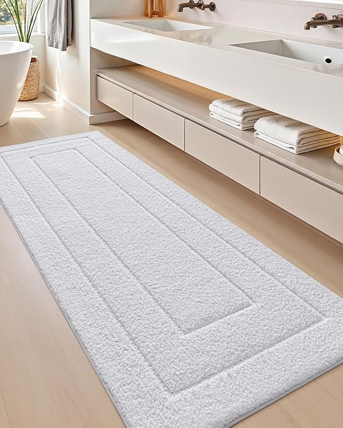 DEXI Bathroom Rug 72x24, Non Slip Washable Bath Mat Runner for Shower Floor, Extra Long Absorbent Soft Bathmat with Rubber Backing, Quick Dry Microfiber Carpet, White