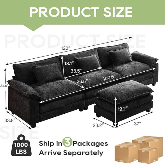 120" Modular Sectional Sofa, Comfy Cloud Couch Sectional Sofa with Ottoman, Chenille Sofa Sleeper Deep Seat Sofa with Throw Pillows for Living Room (Black, 120"- L Shape)