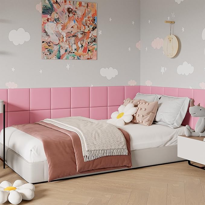 Yutianli 3D Anti-Collision Wall Padding for Kids Peel and Stick Headboard Wall Panels Pack of 4 Sized 11.8"x 11.8" Pink Self-Adhesive Panels for Playroom Bedroom Upholstered Wall