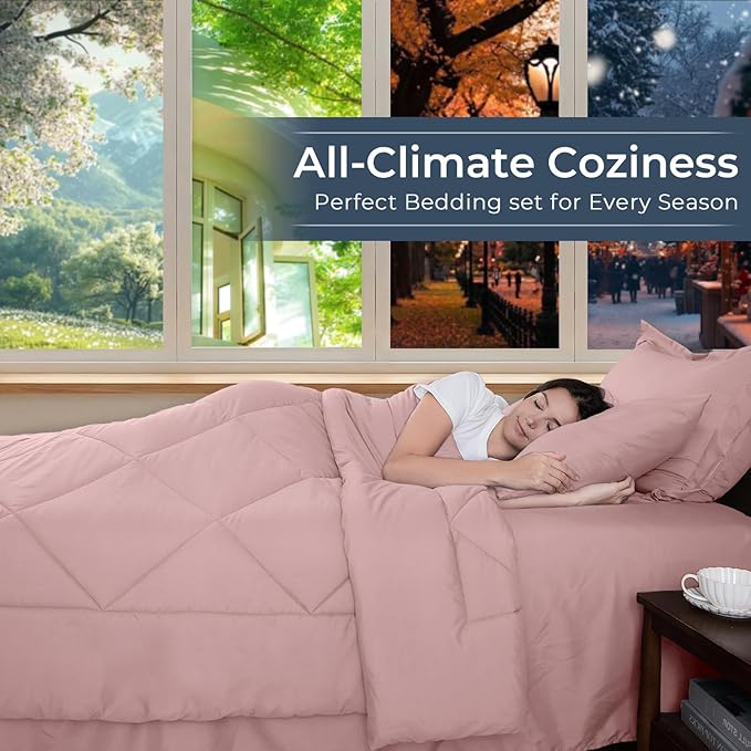 HEVUMYI Dusty Pink Full Comforter Set - 7-Piece All Season Bed in a Bag Full, Ultra Soft Bedding Set with Comforter, Flat Sheet, Fitted Sheet, Pillowcases, Pillow Shams