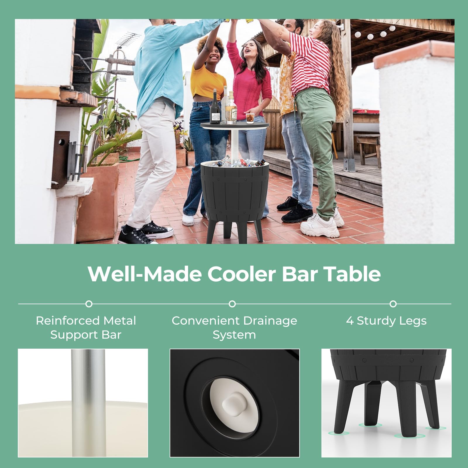 Giantex Cooler Side Table Outdoor, 10 Gallon Ice Cooler with Drainage Plug, Adjustable Height, 3-in-1 Cocktail Patio Par Table for Beer Wine Storage, Deck Pool Backyard Party, Taupe (Wood-Style)
