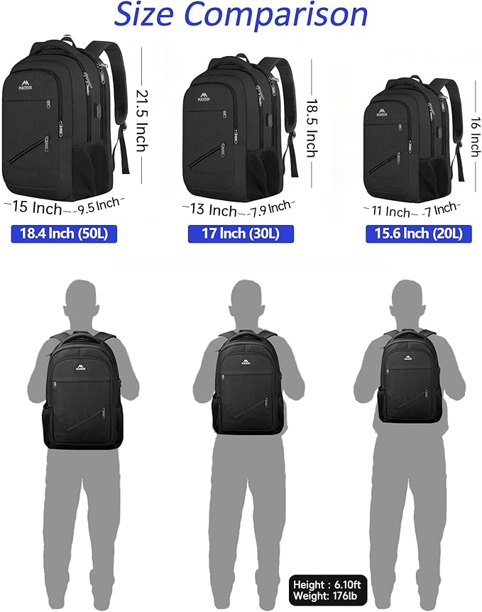 MATEIN 18.4 Inch Laptop Backpack 50 L, Extra Large Anti Theft Carryon Backpack TSA Approved, Work Business Bag with Multiple Compartments & Luggage Strap for Travel, Gifts for Men Women, Black