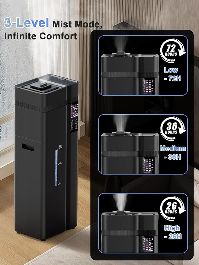 13L/3.4Gal Humidifiers for Bedroom, Ultrasonic Warm & Cool Mist Humidifier Large Room, Covers 800ft², 72H Runtime, 24H Timer, 3 Mist Modes Top Fill Quiet Humidifiers for Home, Office, Black