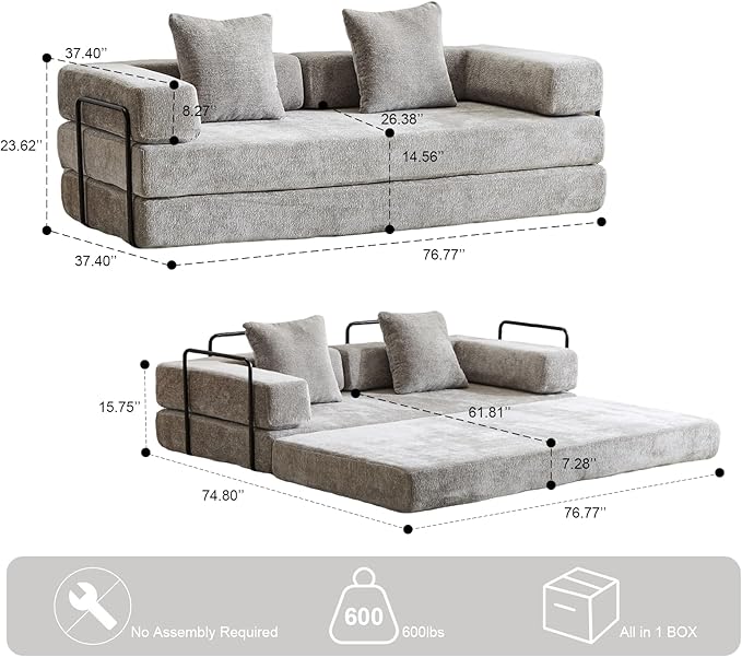 Convertible Floor Sofa Bed with Fixed-Shape Frame, Modular Chenille Folding Mattress Couch with Armrest, Floor Sofa Lounge Couch for Living Room Bedroom Lounge Studio,Light Grey