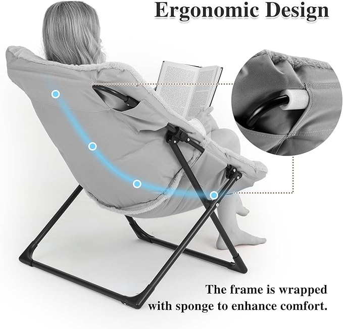 Comfy Saucer Chair for Adults, Soft Faux Fur Bedroom Chair with Ottoman, Accent Dorm Chairs, Living Room Reading Chairs and Footstool, Folding Lounge Seat for Teens, X-Large, Dusky Pink