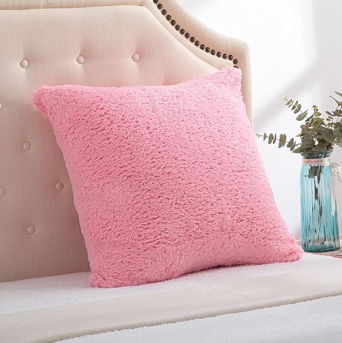 Reafort Ultra Soft Sherpa Euro Sham Pillow Case 26"x26" Replacement with Zipper Closure (Pink, 26"x26" Euro Sham)
