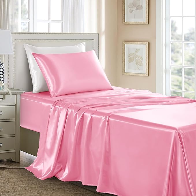 Satin Sheets Twin XL Size - 3 Pieces Luxury Silky Soft Bed Sheets, Wrinkle-Free Light Pink Satin Silk Sheet Set with 1 Deep Pocket Fitted Sheet, 1 Flat Sheet, 1 Pillow Case