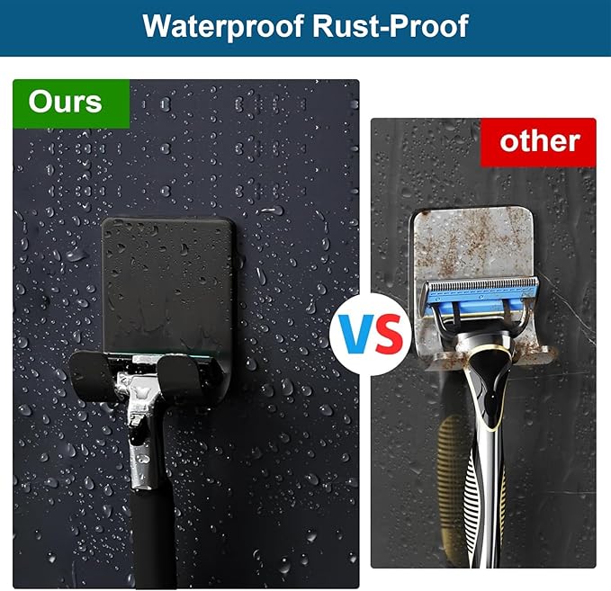 Diesisa Razor Holder for Shower + Adhesive Wall Hooks, Premium 304 Stainless Steel Shower Razor Holder with Heavy Duty Waterproof Sticky Hooks for Hanging Towels, Coat, hat (4+4 Pack) - Black