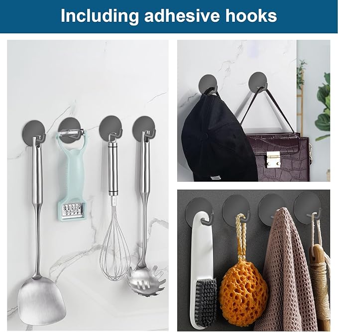 Diesisa Razor Holder for Shower + Adhesive Wall Hooks, Premium 304 Stainless Steel Shower Razor Holder with Heavy Duty Waterproof Sticky Hooks for Hanging Towels, Coat, hat (4+4 Pack) - Grey