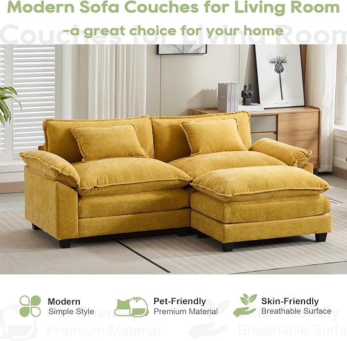 86" Modular Sectional Sofa, Comfy Cloud Couch Sectional Sofa with Ottoman, Chenille Sofa Sleeper Deep Seat Sofa with Throw Pillows for Living Room (Yellow, 86"- L Shape)