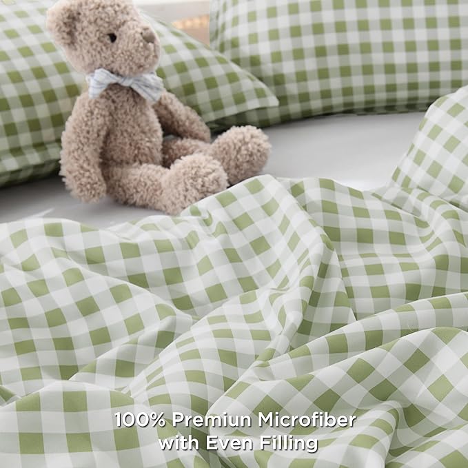 Andency Sage Gingham Comforter Set Full(79x90Inch), Green Checkered Grid Plaid Buffalo Bed Set for Girls Boys Kids Teens, 3 Pieces Lightweight Microfiber Geometric Preppy Bedding