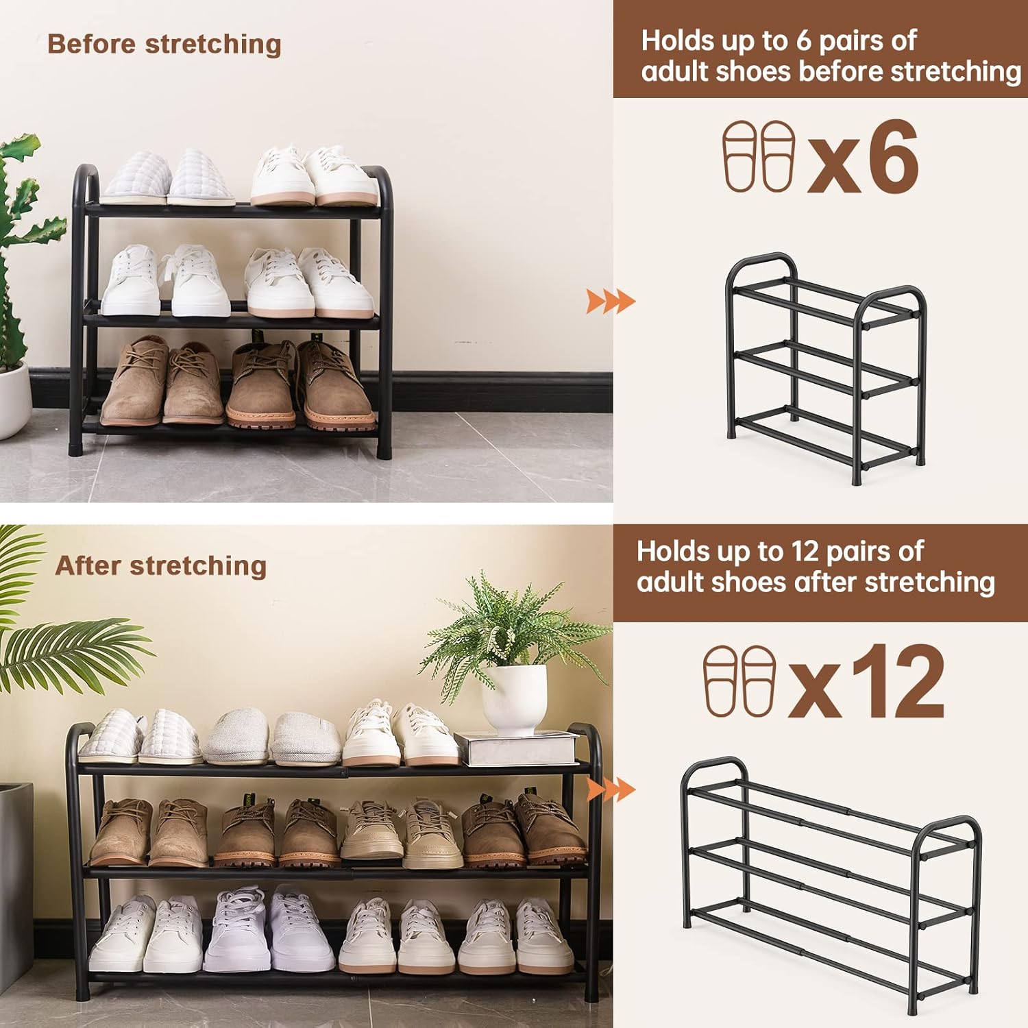 Gonfoam 3-Tier Expandable Shoe Rack,Adjustable Shoe Shelf Storage Organizer Heavy Duty Metal Free Standing Shoe Rack for Entryway Closet Doorway (Black) Dormly
