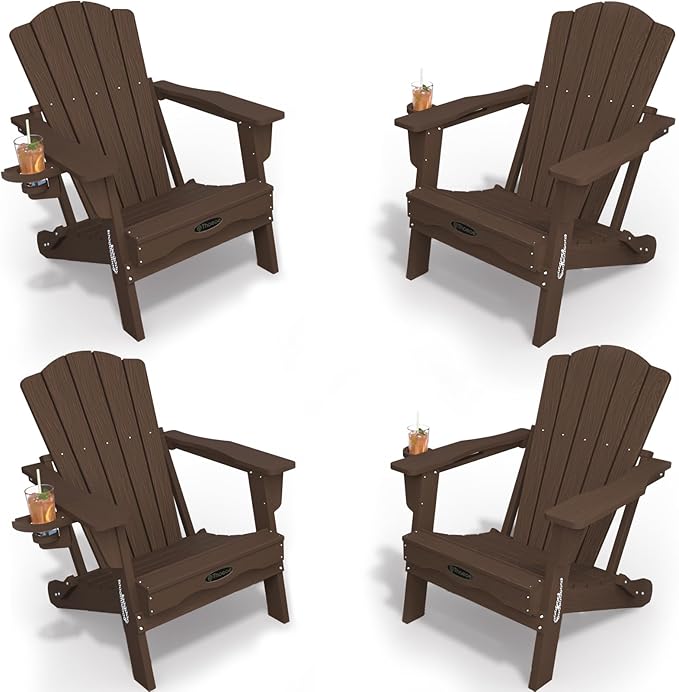 Adirondack Chair Set of 4, Folding All-Weather Outdoor HDPE Patio Chair with Cup Holder, Brown