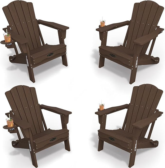 Adirondack Chair Set of 4, Folding All-Weather Outdoor HDPE Patio Chair with Cup Holder, Brown
